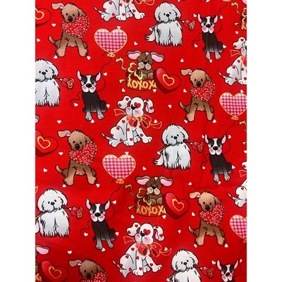 Valentine Love Pups on Red Quilting Fabric by Patti Reed, Dogs with Gold Accents