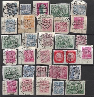 LATVIA: 30 All Different Town Cancels on Stamps/Pieces; "V" Places