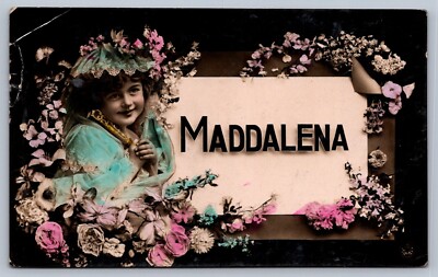 Postcard ''Maddalena'' Pretty Girl W/ Flowers RPPC Handcolored Girls' Name