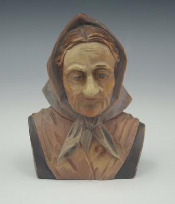 VINTAGE ANTON FISCHER OBERAMMERGAU OLDER WOMAN BUST SCULPTURE WOOD HAND CARVED