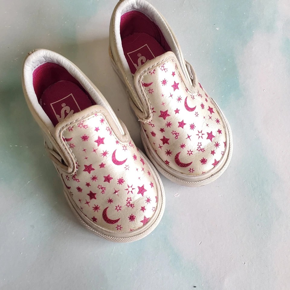 Vans Shoes Size 5.5 Logo Baby Girl Toddler Silver Moon Stars Glittery Slip On - Image 2 of 4