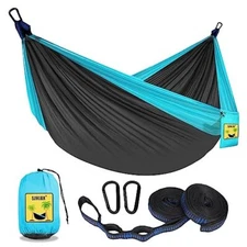  Camping Hammock Double & Single Portable Hammocks Medium Dark Grey & Sky Blue