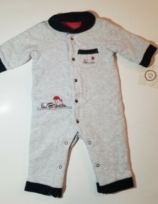 NWT Little Me Boys Tiny Tracks Quilted Train Trip Coverall - Grey/Black  Sz 3 M