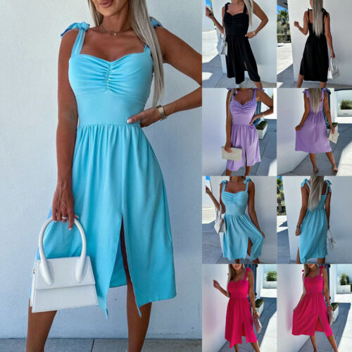 Damen Midikleid Trägerkleid Ärmellos Sommerkleid Schlitz Strandkleid Urlaubkleid - Bild 1 von 23