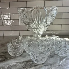 Antique Glass Punch Bowl Set With Glasses