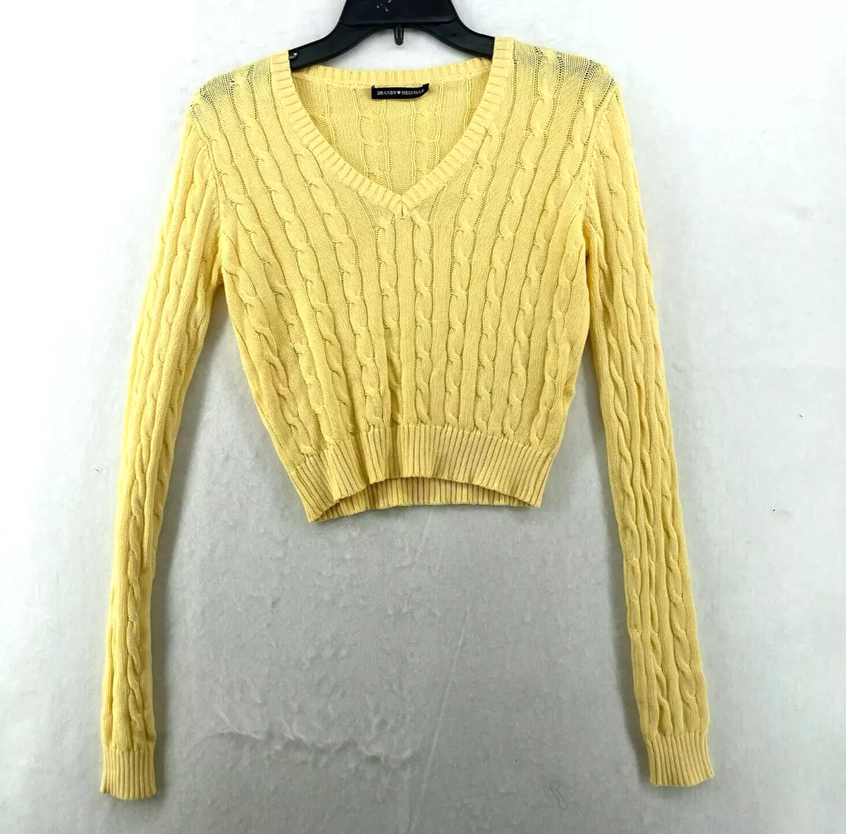 Brandy Melville Cropped Sweater Women's Sz S Yellow V Neck Ribbed Braided  Knit