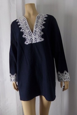 PRESTON YORK Blouse Shirt Tunic size  14 blue white Lace trim Linen blend NWT