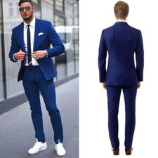 Blue Men's Fashion Solid Suit 2 Piece Single-Breasted Business Wedding Custom