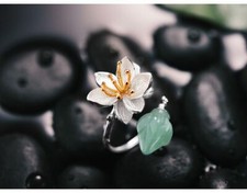 WOMEN'S RING STERLING SILVER 925 FLOWER AVENTURINE GEMSTONE ADJUSTABLE JEWELRY
