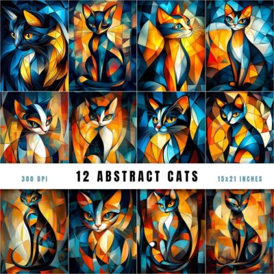 12 abstrakte Katzen Kunst Seiten | Digital Download JPG Papier Set | Digital Papier 