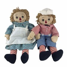 Vintage Handmade Raggedy Ann Andy Cloth Rag Dolls Blonde Yarn Hair 20"