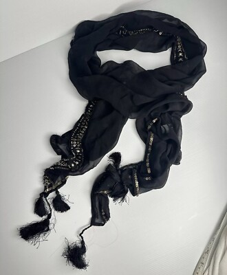 MAJE Paris 100% Silk Chiffon Black Sheer Tassel Sequin Stole Scarf 151cm Evening