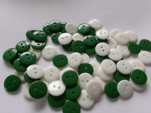 LOT OF 100 WHITE-GREEN shiny 7/16th inch 2 HOLE BUTTONS, NEW