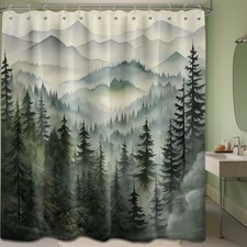 Mountain Shower Curtain Green Forest Woodland Pine Tree Decor 70x84 Inch