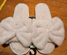 Women's Faux Fur Bow Slip-On Slippers Beige Size 5-6 Comfort Lined Cushioned