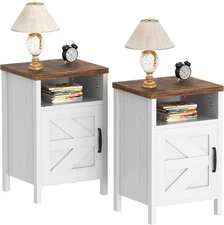 End Table, Nightstand Set of 2, Modern Bedside Table with Barn Door and Open Woo