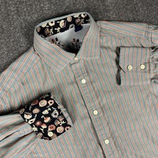 Robert Graham Shirt Large Blue Textured Stripe Floral Flip Cuff Button Long Slv