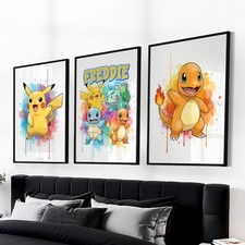 Pokemon Bedroom Wall Art Personalised Prints Pikachu Bulbasaur Gift Set of 3