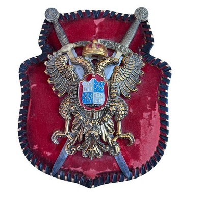 Antique Coat of Arms Shield Plaque with Crossed Swords, Red Gold Black Metal