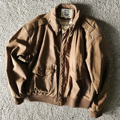 Brown Leather Bomber Jacket Map Lining Zipper Button Pocket Short