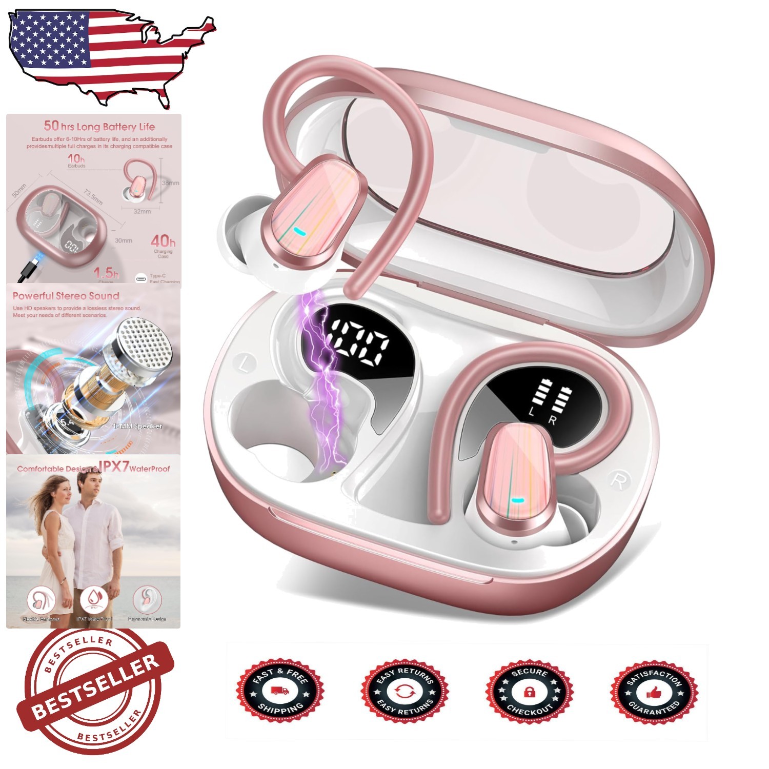 Sporty Wireless Earbuds with ENC Mic, 50H Playtime, Deep Bass, IPX5 Waterproof