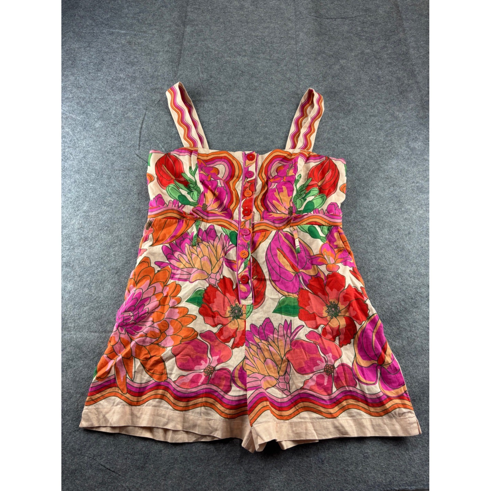 Farm Rio Floral Button Front Romper Pink Orange Sleeveless Viscose Womens L Boho