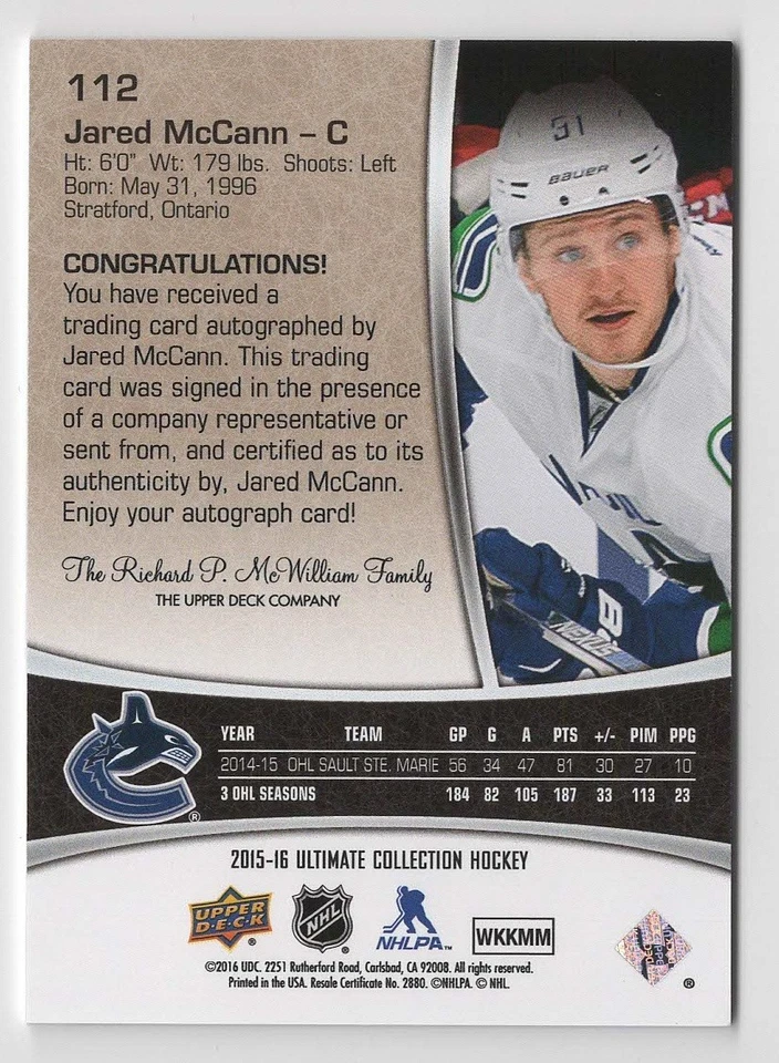 2015-16 Ultimate Collection Rookie Autograph Auto #112 Jared McCann 84/99 !! - Image 2 of 2