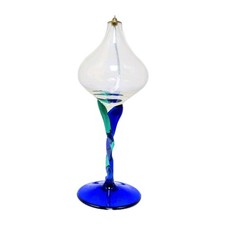 Jozefina Krosno Oil Lamp Hand Blown Blue  Green Swirl Stem Poland 9"