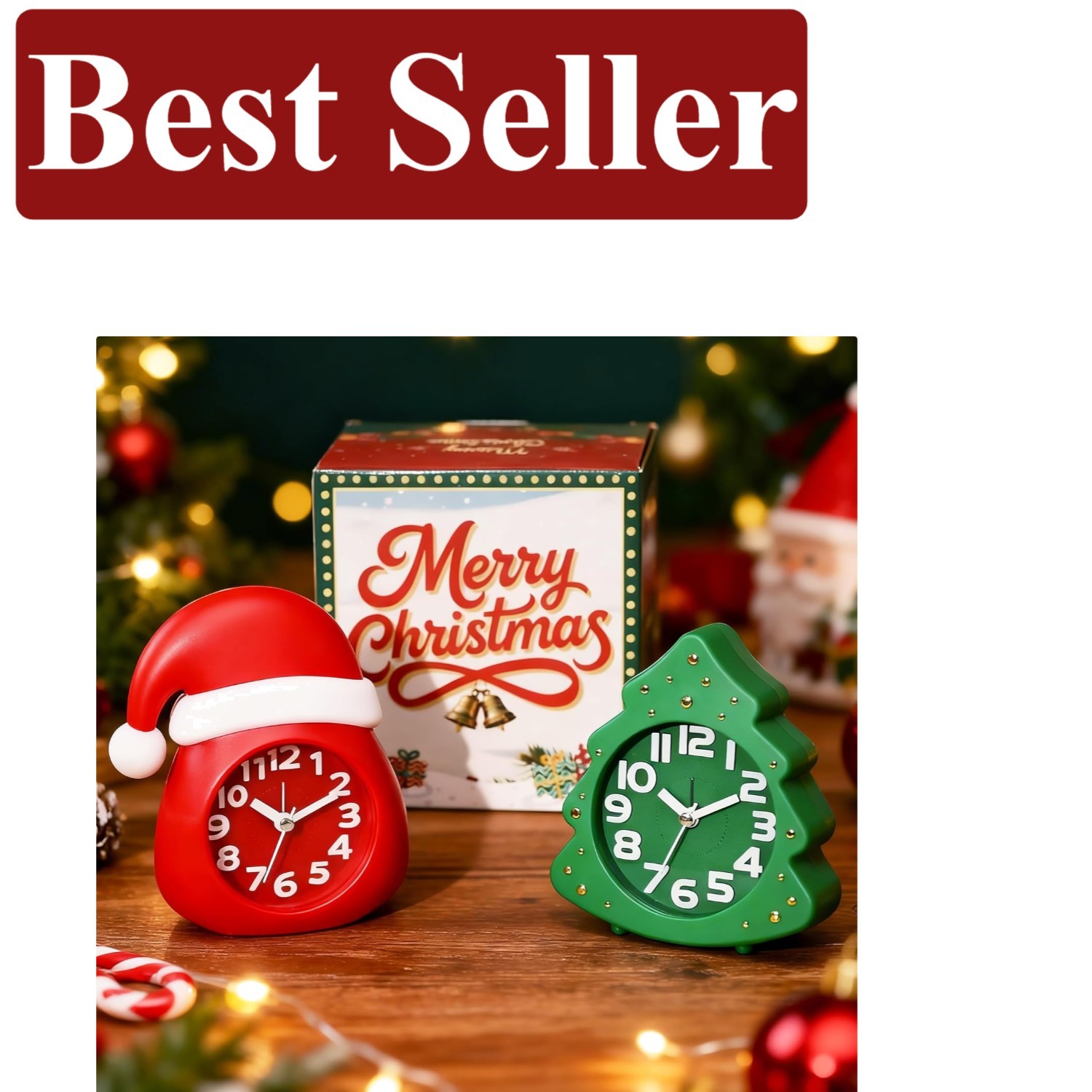 Silent Holiday Alarm Clock Set: Santa Hat & Christmas Tree - Ready to Gift!