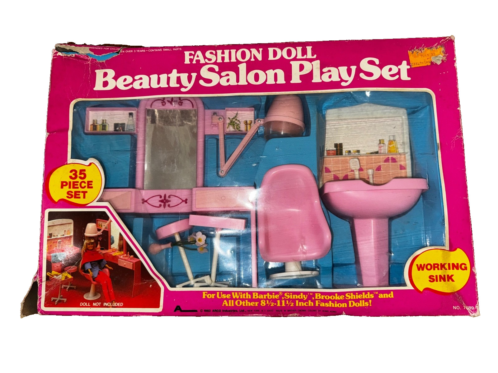 1983 BARBIE FASHON DOLL BEAUTY SALON SET 43 YEAR OLD VINTAGE ARCO DAMAGED BOX
