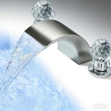 Brushed Waterfall 3Hole 2 Handle Bathroom Sink Faucet LED Basin Vanity Mixer Tap