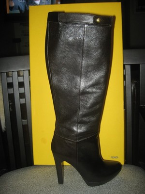 FENDI 110 Knee High Tall Platform Leather Boots Dark Brown