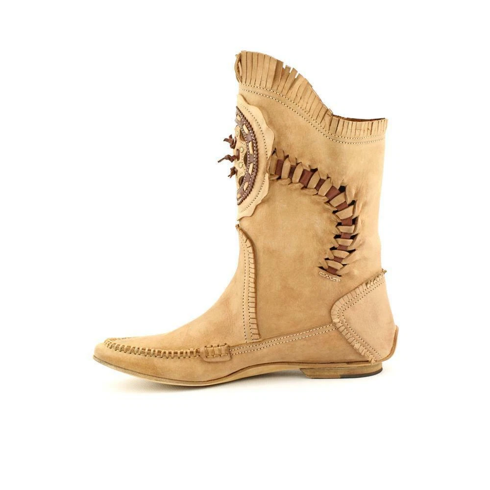 AREA FORTE Italy Beige Natural Leather Mid Calf Italian Flat Boots