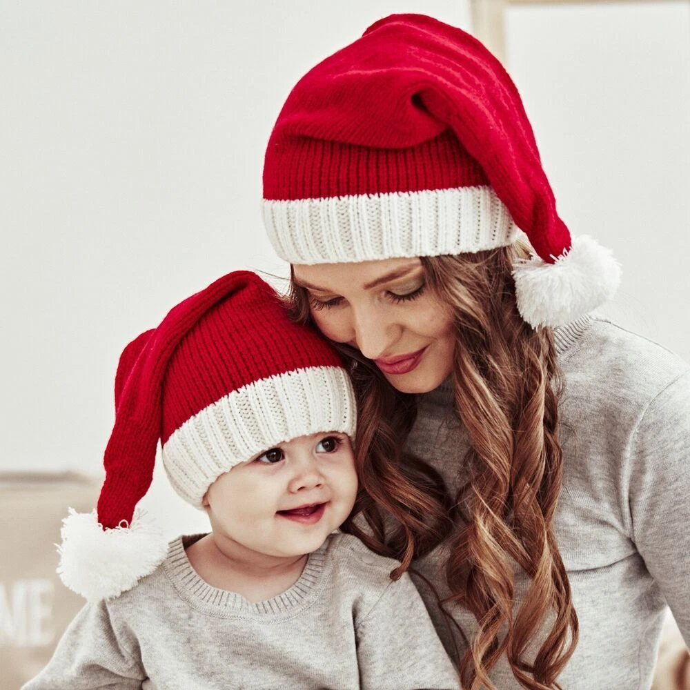 Knitted Baby Christmas Hat Cute Adult Child Soft Santa Claus Hat New Year Gifts