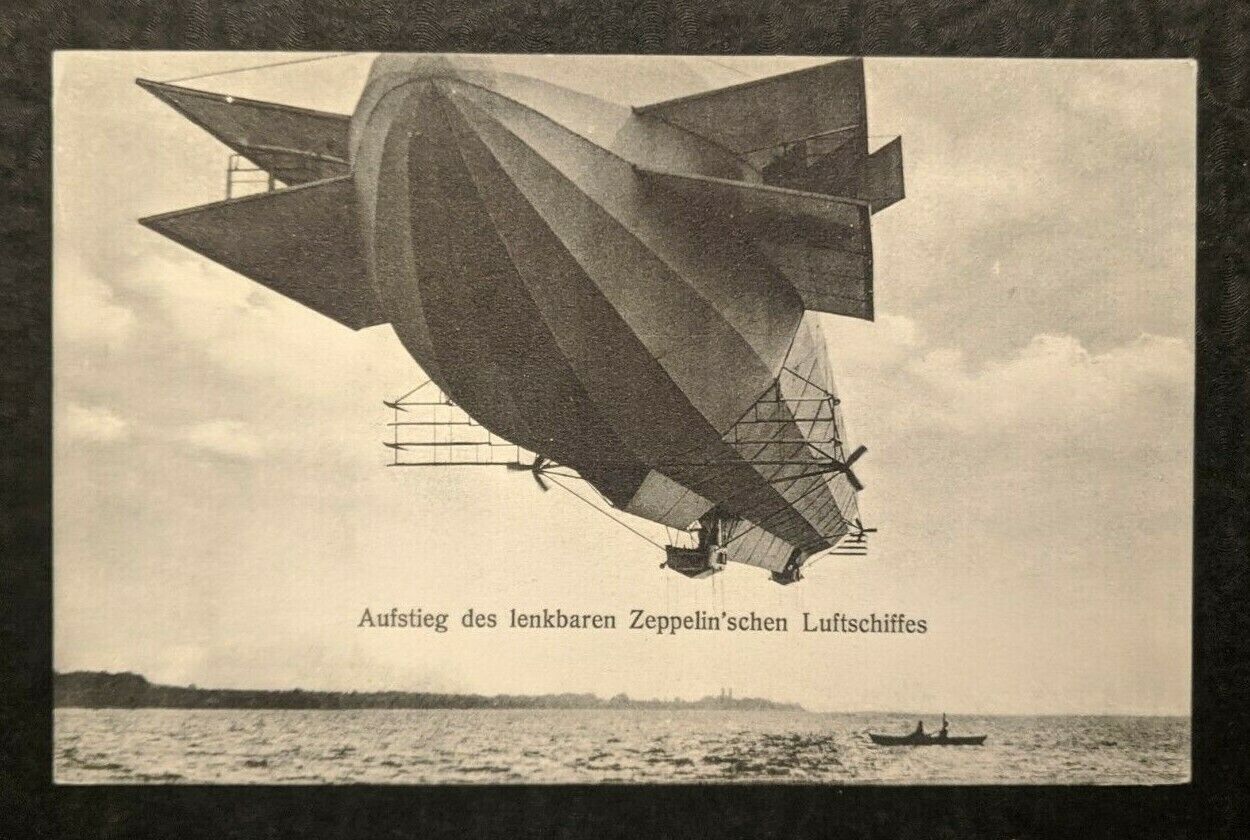 Mint Vintage Zeppelin Flying Over Small Boat Germany Real Picture Postcard RPPC
