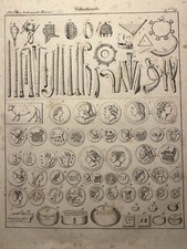ANTIQUE LITHOGRAPH 1833 ANCIENT ROMAN COINS TREASURE MUSIC INSTRUMENTS