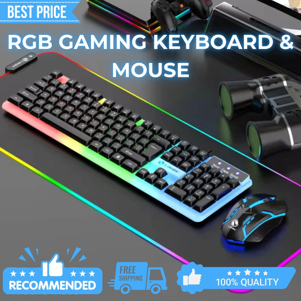 Gaming Keyboard Mouse Set Rainbow RGB LED Wired USB For PC Laptop PS5 Xbox One - Image 2 of 4
