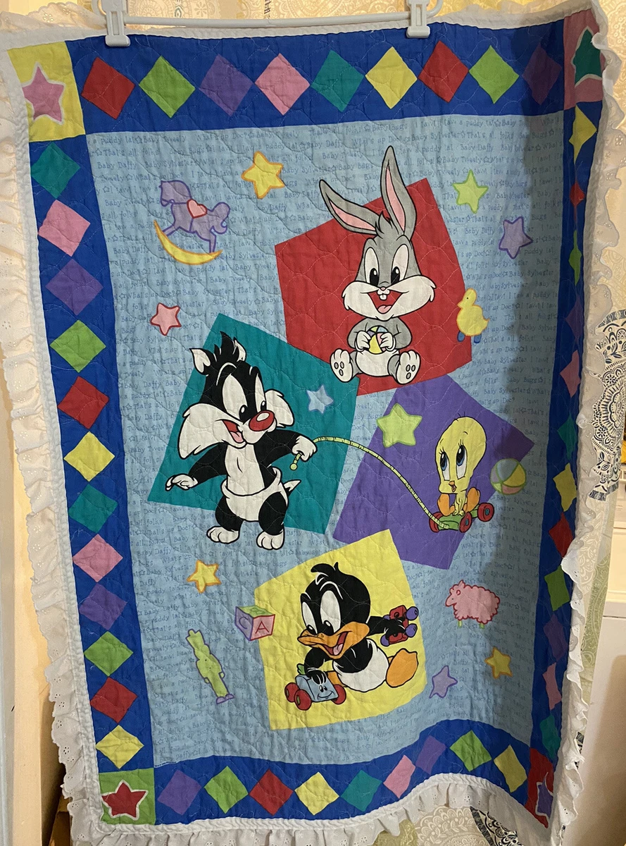 VTG Baby Looney Tunes Bugs Bunny Tweety Sylvester Daffy Crib Blanket Quilt 43x34