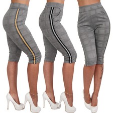 Capri 3/4 Hose High Waist Treggings Leggings Taschen Karo Streifen Stretch