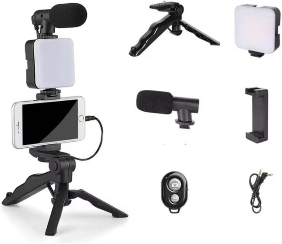 All-in-One Vlogging Kit – LED Light, Mic & Tripod for Phone/Camera/YouTube