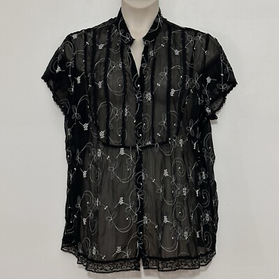 Vintage Dressbarn Women Top Plus 3X Black Sheer Embroidered Whimsigoth Fairy