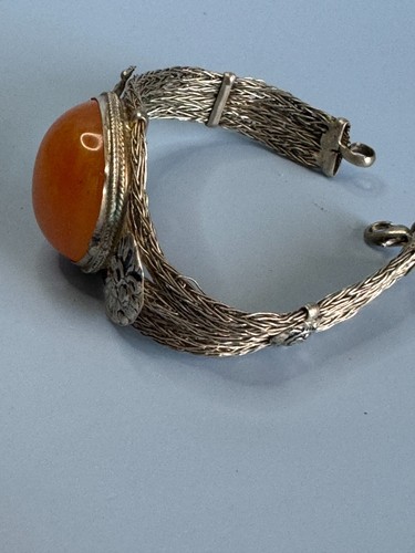 Tibetian Copal Silver Inlay Beeswax Amber Mesh Strand Bracelet - Picture 6 of 8