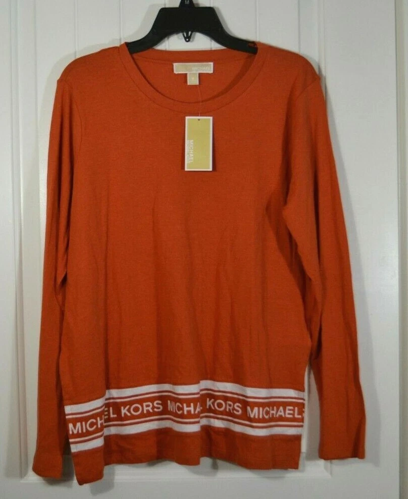 NWT WOMENS MICHAEL KORS ORANGE SPICE LONG SLEEVE LOGO TAPE HEM T SHIRT SZ XS 2X