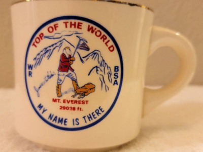 VTG BOY SCOUTS BSA Coffee Cup Mug TOP OF THE WORLD Mt Everest MY NAME IS THERE