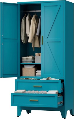 71'' Metal Armoire Closet Wardrobe With Hanging Rail And 2 Drawers For Bedroom