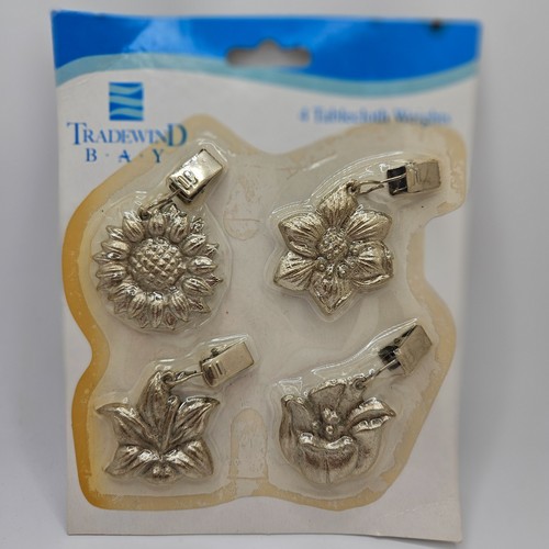 Vintage Tradewind Bay Floral Tablecloth Weights 4 Silver Tone Flower Clip NOS