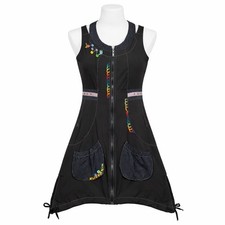 Boho Dress Artsy Zip Front Women Small Black Embellished Colorful Stitch Pockets