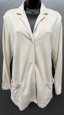 Lands End Blazer Jacket M Beige Soft Knit Cardigan Sweater Pockets Stretchy