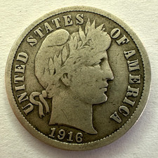 1916 (S) USA Barber Dime 10 Cents Coin, Silver 0.9, 17.91mm, F Fine