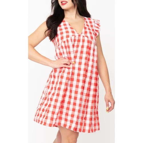 1970's Red & White Sz Medium Gingham Summer Dress Picnic NEW!!!